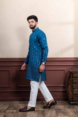  embroidery work graceful partywear morpeach kurta payjama for men's 4