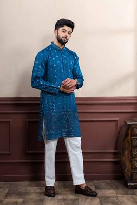  embroidery work graceful partywear morpeach kurta payjama for men's 5