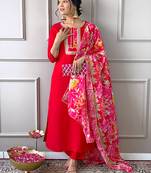 Women's Rayon Fabric Straight Kurta, Pant and Dupatta Set