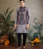 Designer multy thread embroidery with swarovski work grey viscose silk men's kurta with jacket