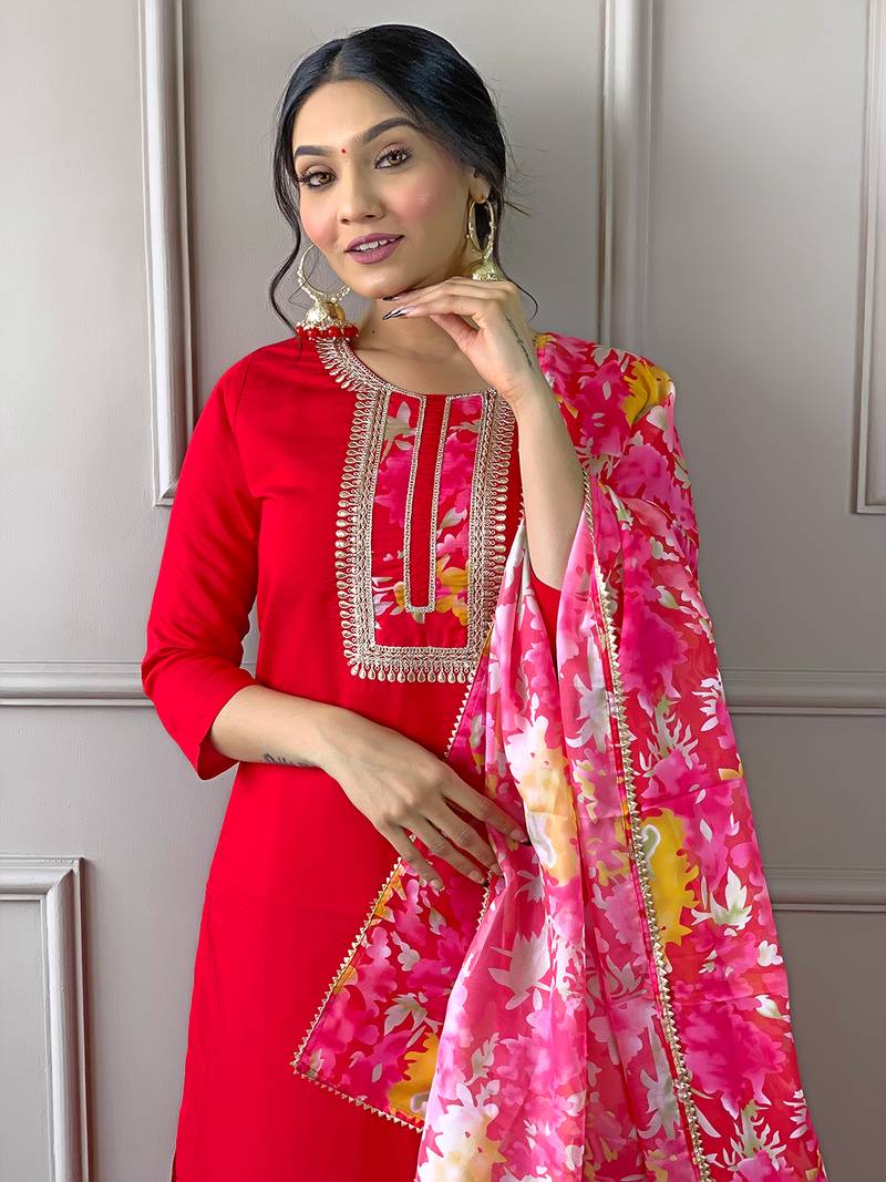 Women's Rayon Fabric Straight Kurta, Pant and Dupatta Set