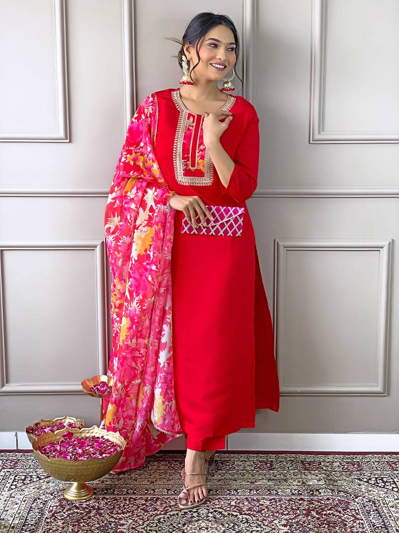 Women's Rayon Fabric Straight Kurta, Pant and Dupatta Set