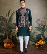 Designer multy thread embroidery with swarovski work green viscose silk men's kurta with jacket
