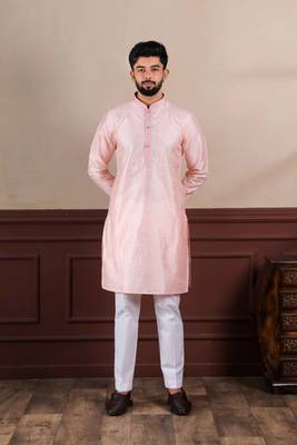  embroidery work graceful partywear pink kurta payjama for men's 1