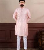  embroidery work graceful partywear pink kurta payjama for men's