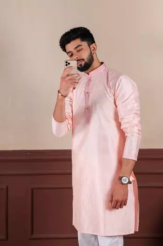  embroidery work graceful partywear pink kurta payjama for men's