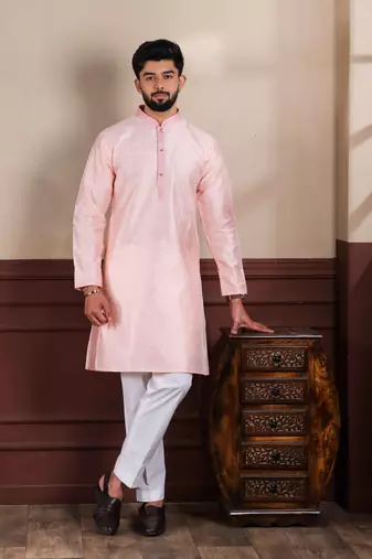  embroidery work graceful partywear pink kurta payjama for men's