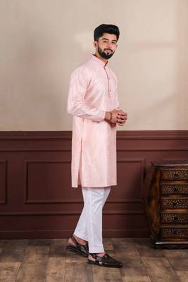  embroidery work graceful partywear pink kurta payjama for men's 5