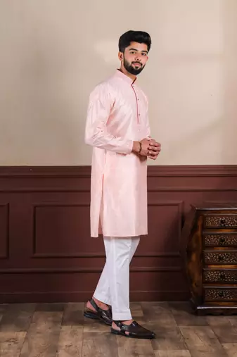  embroidery work graceful partywear pink kurta payjama for men's