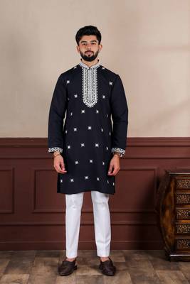  embroidery work graceful partywear black kurta payjama for men's 1