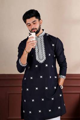  embroidery work graceful partywear black kurta payjama for men's 3