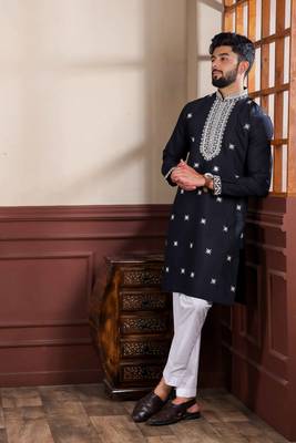 embroidery work graceful partywear black kurta payjama for men's 4