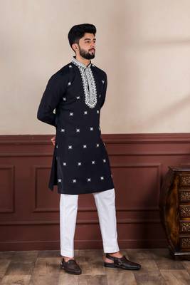  embroidery work graceful partywear black kurta payjama for men's 5
