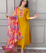 Women's Rayon Fabric Straight Kurta, Pant and Dupatta Set