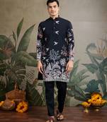 Black viscose silk fabric sequins embroidery work ethnic partywear men's kurta