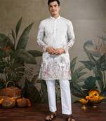 White viscose silk fabric sequins embroidery work ethnic partywear men's kurta