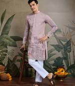 Purple viscose silk fabric sequins embroidery work ethnic partywear men's kurta