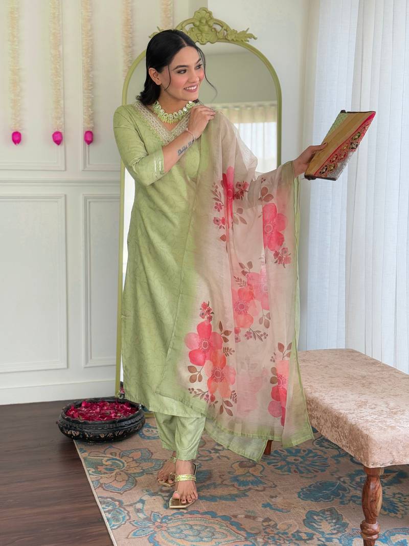 Women's Rayon Fabric Straight Kurta, Pant and Dupatta Set