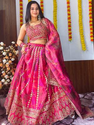 pink floral printed organza lehenga set choli with dupatta 1
