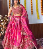 Pink Floral Printed Organza Bridesmaid Lehenga Choli