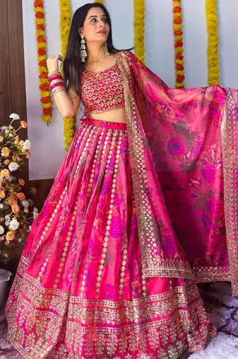 pink floral printed organza lehenga set choli with dupatta
