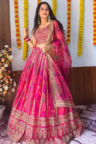 pink floral printed organza lehenga set choli with dupatta