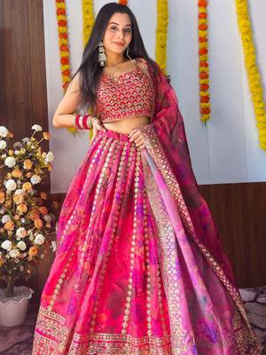 pink floral printed organza lehenga set choli with dupatta 5