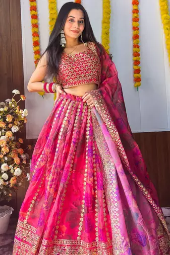 pink floral printed organza lehenga set choli with dupatta