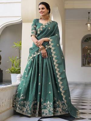 teal green thread embroidery festival lehenga set choli with dupatta 1