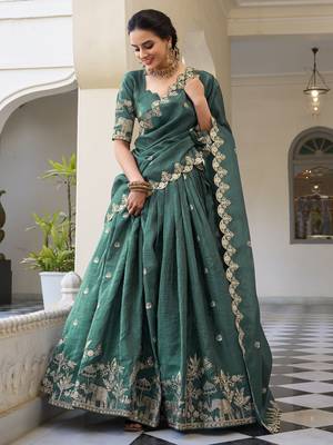 teal green thread embroidery festival lehenga set choli with dupatta 3