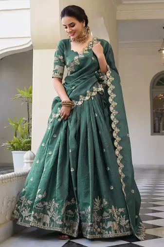 teal green thread embroidery festival lehenga set choli with dupatta