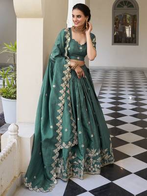 teal green thread embroidery festival lehenga set choli with dupatta 4