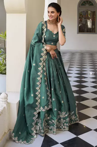 teal green thread embroidery festival lehenga set choli with dupatta