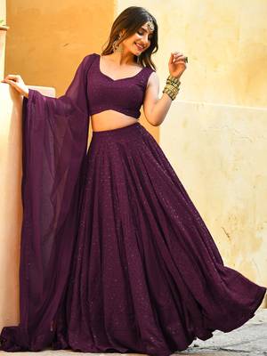 wine sequins georgette wedding lehenga set choli with dupatta with dupatta 1