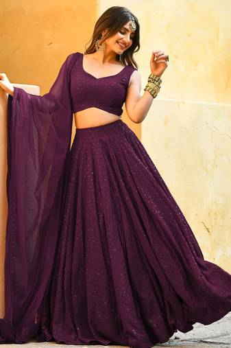 Wine Sequins Georgette Wedding Lehenga Choli With  Dupatta