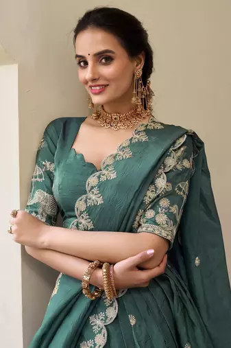 teal green thread embroidery festival lehenga set choli with dupatta