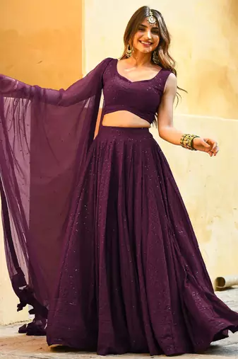 wine sequins georgette wedding lehenga set choli with dupatta with dupatta