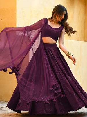 wine sequins georgette wedding lehenga set choli with dupatta with dupatta 3