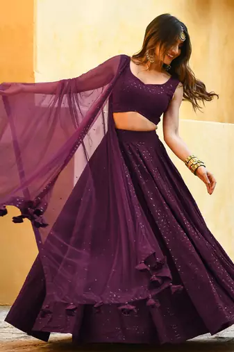 wine sequins georgette wedding lehenga set choli with dupatta with dupatta