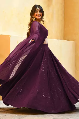 wine sequins georgette wedding lehenga set choli with dupatta with dupatta