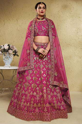Pink Thread Embroidered Silk Lehenga Choli With Net Dupatta