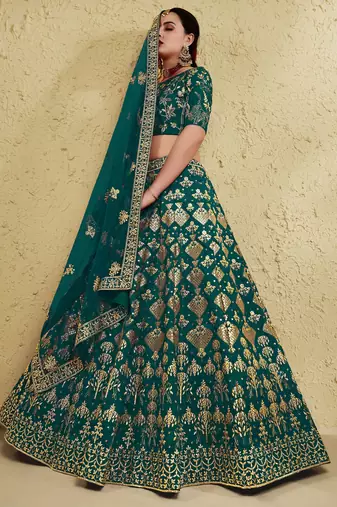 green thread embroidered silk lehenga set choli with dupatta with dupatta