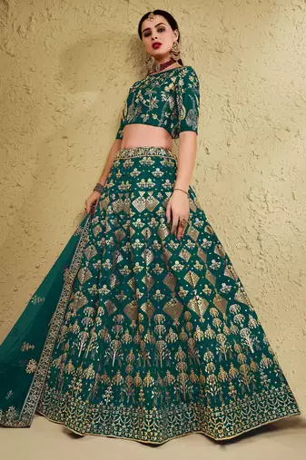 green thread embroidered silk lehenga set choli with dupatta with dupatta