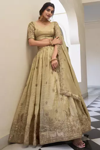cream thread embroidery wedding lehenga set choli with dupatta with dupatta