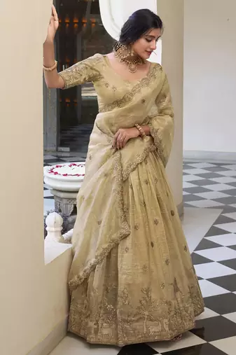 cream thread embroidery wedding lehenga set choli with dupatta with dupatta