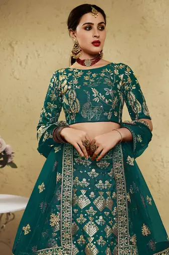 green thread embroidered silk lehenga set choli with dupatta with dupatta