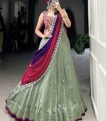 Green Silk Lehenga With Thread Embroidered Choli