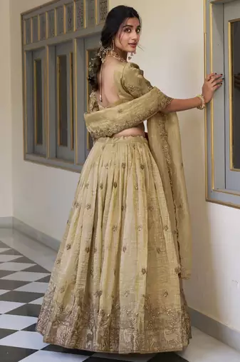 cream thread embroidery wedding lehenga set choli with dupatta with dupatta