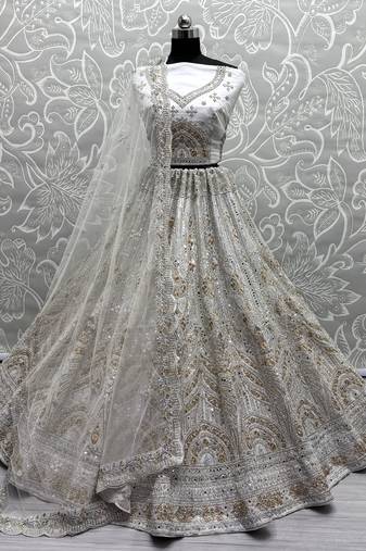 Off-White Mirror Work Net Bridesmaid Lehenga Choli
