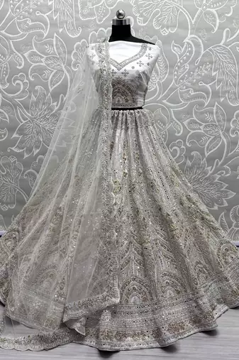 Off-White Mirror Work Net Bridesmaid Lehenga Choli